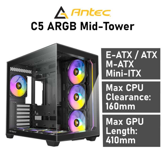 Antec C5 ARGB ATX DUAL C5-ARGB-B Mid-Tower Black Computer Case by antec at Rebel Tech