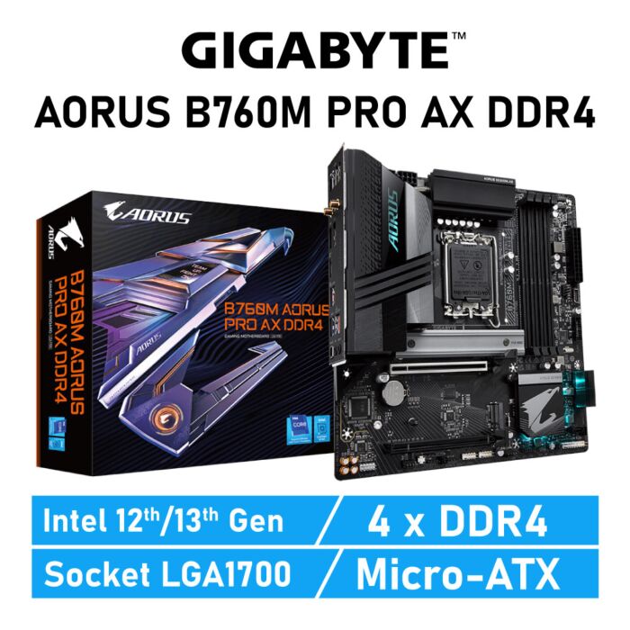 GIGABYTE B760M AORUS PRO AX DDR4 LGA1700 Intel B760 Micro-ATX Intel Motherboard by gigabyte at Rebel Tech