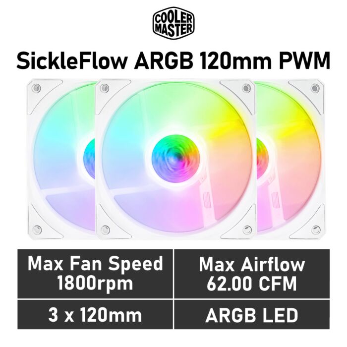 Cooler Master SickleFlow ARGB 120mm PWM MFX-B2DW-183PA-R1 Case Fans - 3 Fan Pack by coolermaster at Rebel Tech