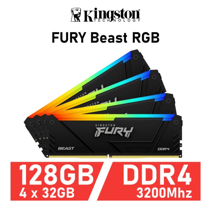 Kingston FURY Beast RGB 128GB Kit DDR4-3200 CL16 1.35v KF432C16BBAK4/128 Desktop Memory by kingston at Rebel Tech