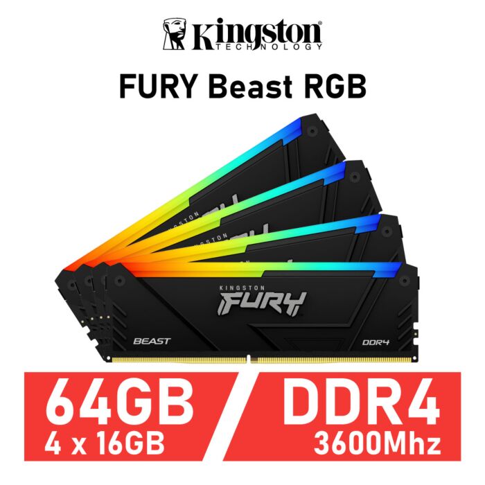 Kingston FURY Beast RGB 64GB Kit DDR4-3600 CL18 1.35v KF436C18BBAK4/64 Desktop Memory by kingston at Rebel Tech