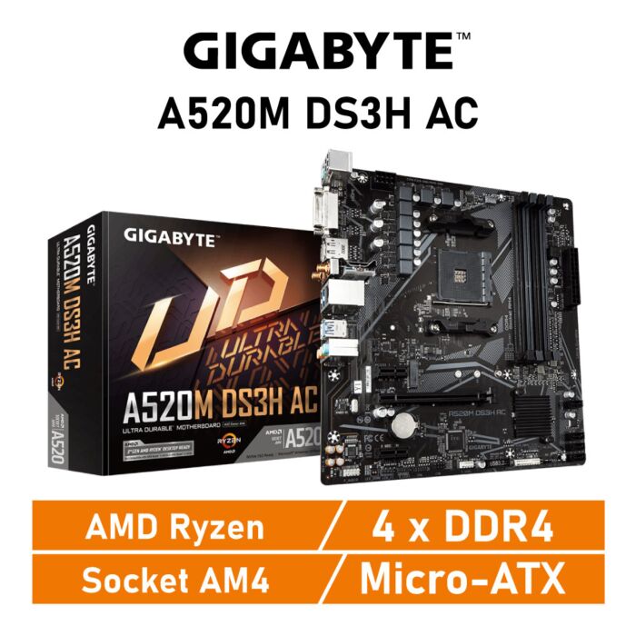 GIGABYTE A520M DS3H AC AM4 AMD A520 Micro-ATX AMD Motherboard by gigabyte at Rebel Tech