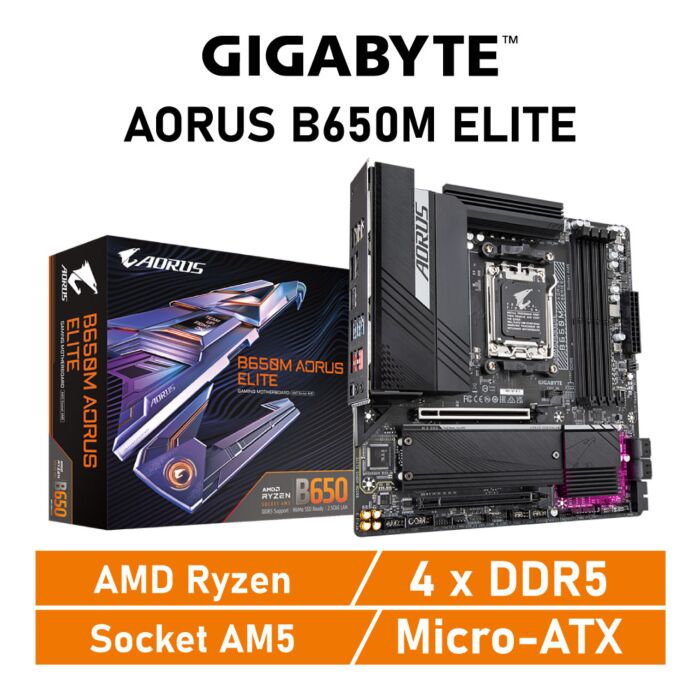 GIGABYTE B650M AORUS ELITE AM5 AMD B650 Micro-ATX AMD Motherboard by gigabyte at Rebel Tech