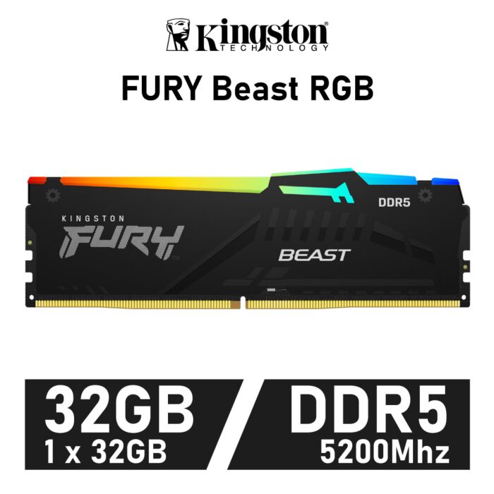 Kingston FURY Beast RGB 32GB DDR5-5200 CL36 1.25v KF552C36BBEA-32 Desktop Memory by kingston at Rebel Tech