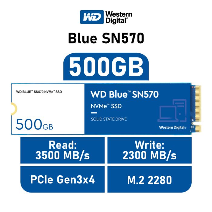 Western Digital Blue SN570 500GB PCIe Gen3x4 WDS500G3B0C M.2 2280 Solid State Drive by westerndigital at Rebel Tech