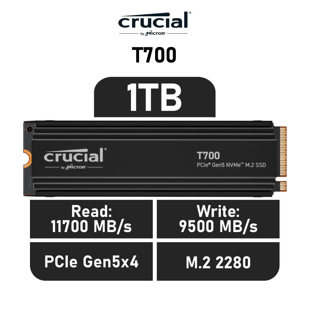 Crucial T700 1TB PCIe Gen5 NVMe M.2 SSD with heatsink, CT1000T700SSD5